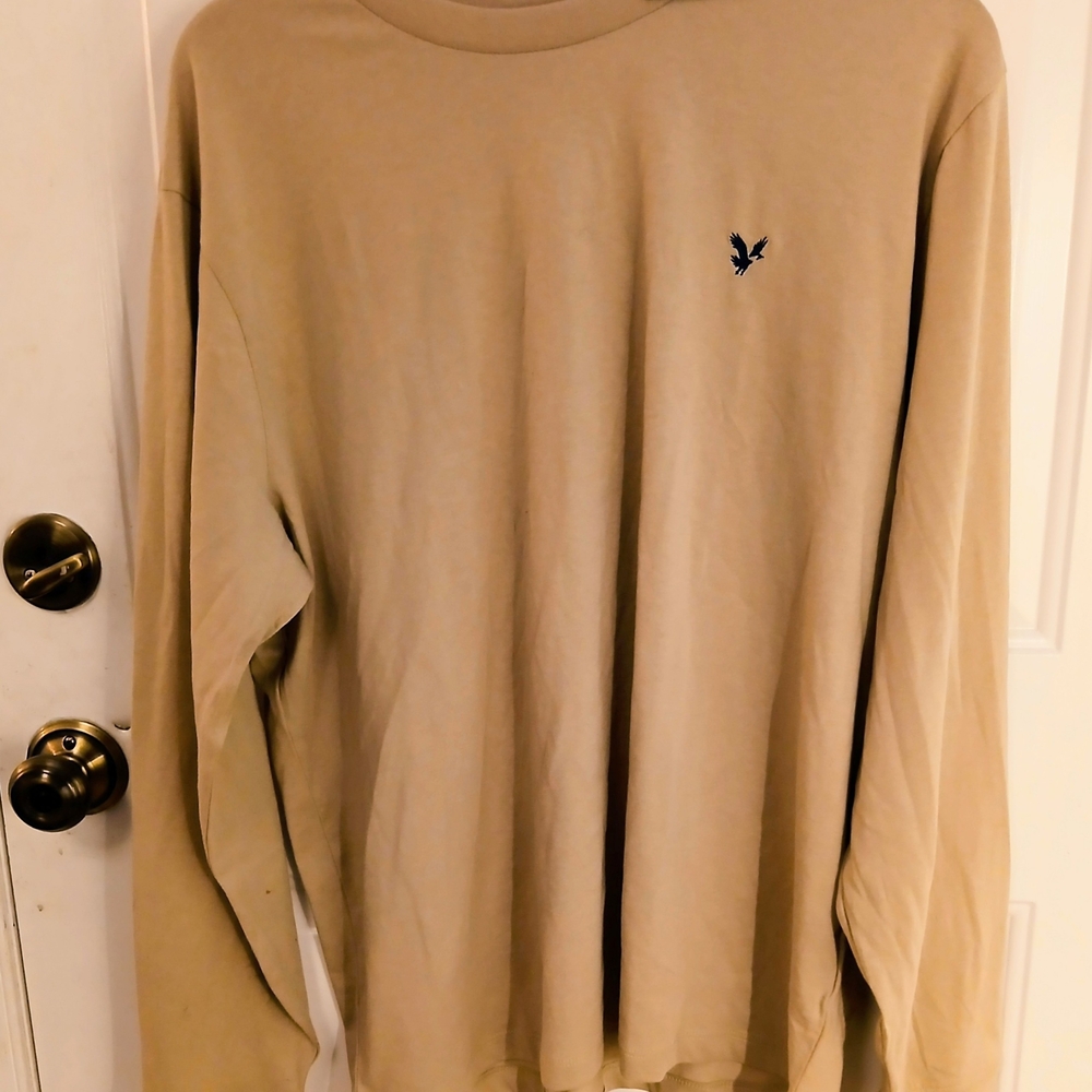 American Eagle Outfitters Long-Sleeve Crewneck in Tan with Navy Logo